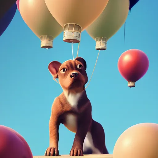 Image similar to puppy high in the air holding balloons, 8k, fantasy, intricate, cinematic lighting, highly detailed, digital painting, artstation, concept art, smooth, sharp focus, illustration, by Pixar