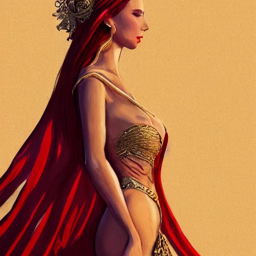 Prompt: woman love woman, sweet hugs, royal dress, gold trim, atmoshperic, elegant, sharp focus, sand sea, red sun, by 3 8 0 light & color female reference pictures, trending on artstation, intricate details