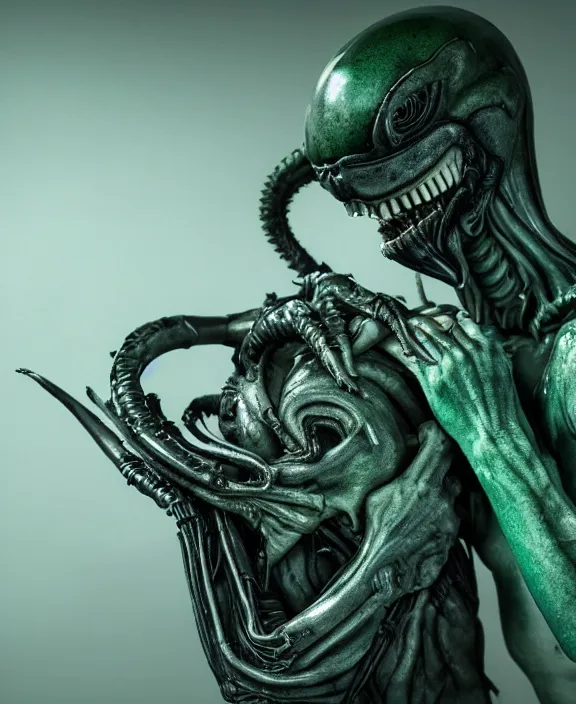 Prompt: xenomorph hugging pale sad beauty, dark emerald mist colors, giger background liminal void, cinematic lighting, realistic, award winning photograph, various refining methods, micro macro autofocus