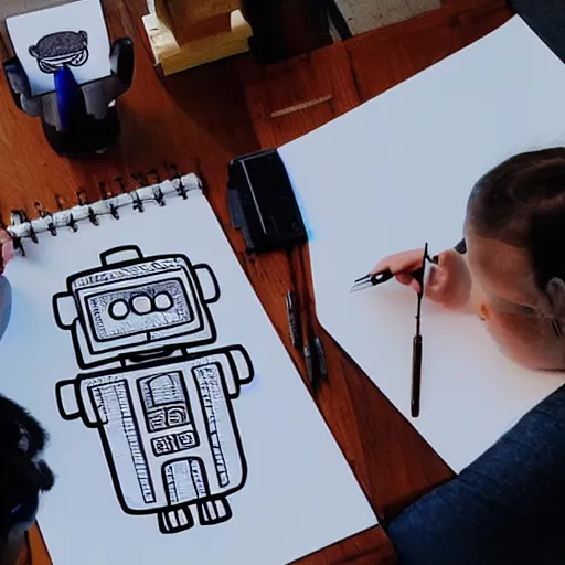 Prompt: a robot drawing pictures of humans