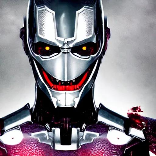 Prompt: face of an armored villian, ultron, sauron, evil dark, mask, joker smile