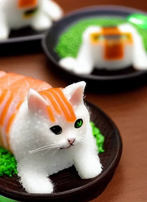 Image similar to clear photorealistic picture of adorable cats made from sushi rice, sitting on sushi plates with wasabi paste and soy sauce