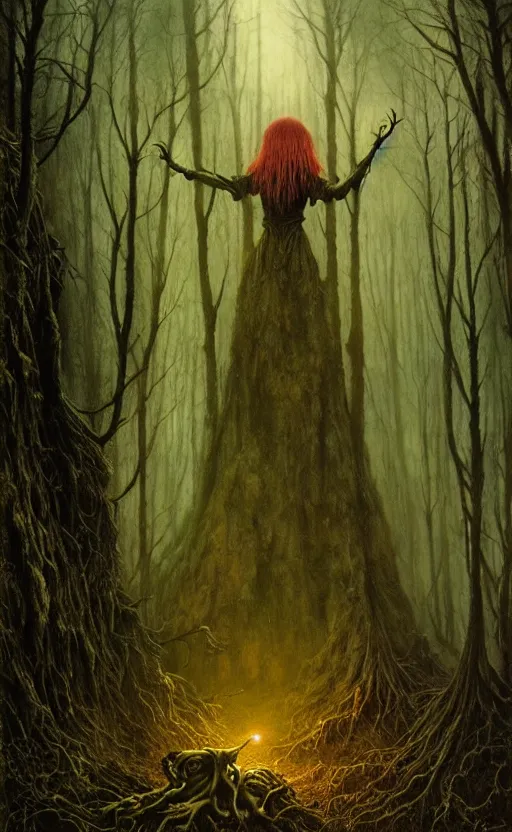 Image similar to a witch in an ominous forest, cinematic lighting, at night, highly detailed, symmetric, concept art, masterpiece, fantasy art, hyperdetailed, hyperrealism, saturated colors, art by zdzistaw beksinski, arthur rackham, dariusz zawadzki, larry elmore