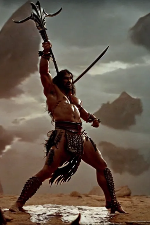 Prompt: film still from conan the barbarian, jason momoa as conan, wearing royal crimson fantasy ornate spartan dragon scale armor, volumetric lighting, wet skin and windblown hair, muscular!!!, battle action pose, frank frazetta, boris vallejo, greg rutkowski cinematic light, frank miller, ridley scott, high contrast