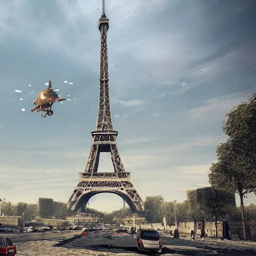 Image similar to post apocalyptic Paris with Eiffel tower, artstation, concept art, unreal engine, 8k, photorealistic