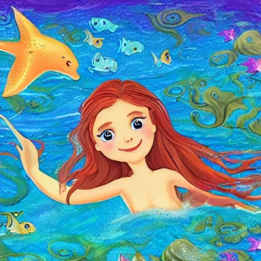 Image similar to A mermaid in the sea, drawing for children, professional video game studio quality