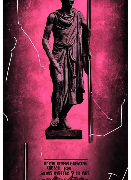 Image similar to elegant dark design poster showing a statue of julius caesar, black background with very subtle red and purple design elements, powerful, vito acconci, thin straight purple lines, dark, glitch art, neo vaporwave, gritty, layout frame, square, trending on artstation