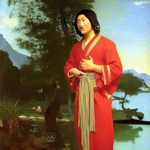 Prompt: A beautiful young Asian man with long shiny hair and big green eyes in a beautiful traditional silk robe standing in a beautiful garden watching a big dolphin that is jumping from the lake, he is a prince and a serious person but is smiling, by Johannes Vermeer, Frank Frazetta and William Adolphe Bouguereau, fantasy, trending on artstation, amazing details, mtg, digital painting, concept art