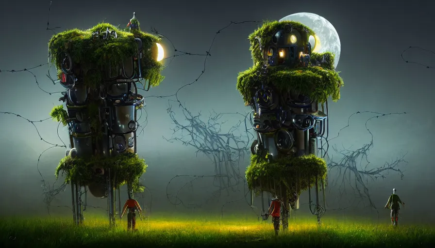 Image similar to a walking mechanical castle with legs, vines, forest, hyperrealistic, highly detailed, cinematic, single ray of moon, dark sky, beautiful, cgssociety, artstation, 8 k, oil painting