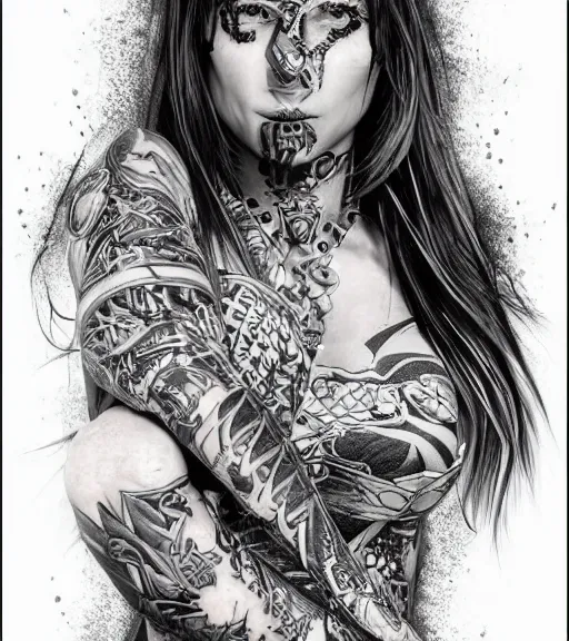 Image similar to tattoo design of a hyper realistic beautiful girl warrior, hyper detailed, inspired by eliot kohek, on white background