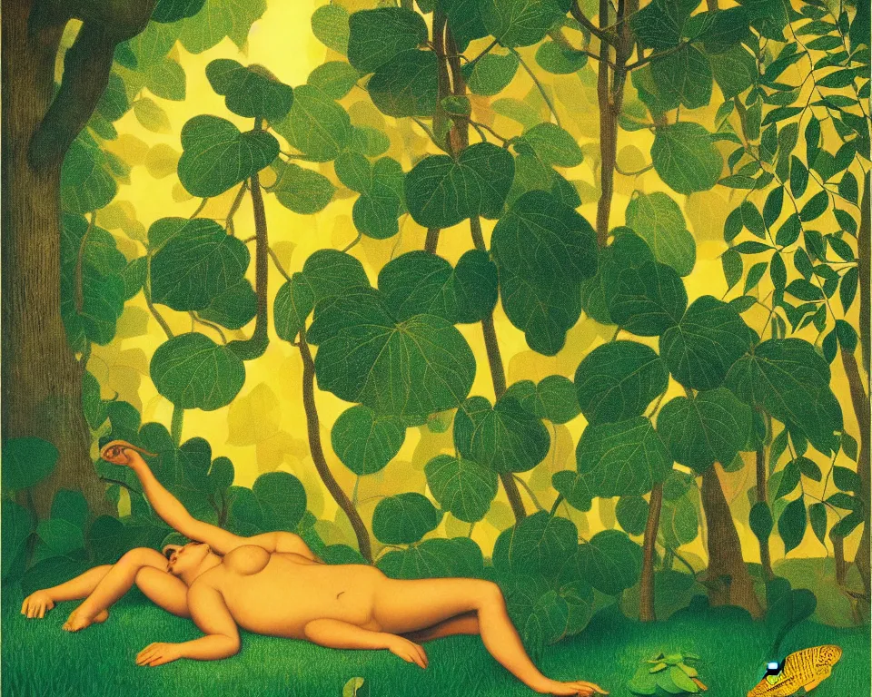 Prompt: an achingly beautiful print of golden scales in the middle of the jungle by Raphael, Hopper, and Rene Magritte. detailed, romantic, enchanting, trending on artstation.