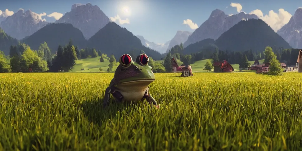 Image similar to a ultra photorealistic and sharp film still of an a sunny and colourful open field in 1 9 1 6 in the middle of the bavarian alps, germany. wide shot, frog perspective, wes anderson, studio ghibli, pixar and disney animation, octane render, anime key art by greg rutkowski, dramatic lighting, award winning photography