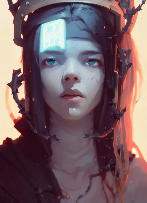 Image similar to portrait of cute gith maiden girl with crown of thorns and white hairs, warhammer, cyberpunk, by atey ghailan, by greg rutkowski, by greg tocchini, by james gilleard, by joe gb fenton, by kaethe butcher, dynamic lighting, gradient light blue, brown, blonde cream and white color in scheme, grunge aesthetic