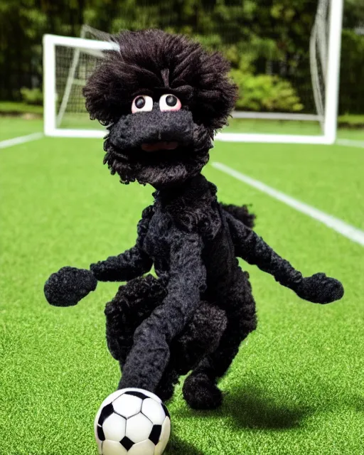 Image similar to a black poodle dog as a muppet playing soccer. highly detailed felt. hyper real photo. 4 k.