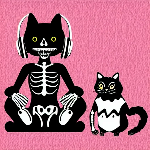 Image similar to skeleton wearing headphones watching girl playing guitar with her black cat standing next to her, digital art