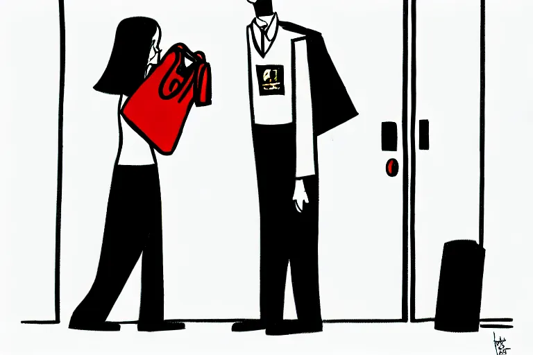 Image similar to tall, security guard checks the bags of a worried looking woman, art in the style of the new yorker,