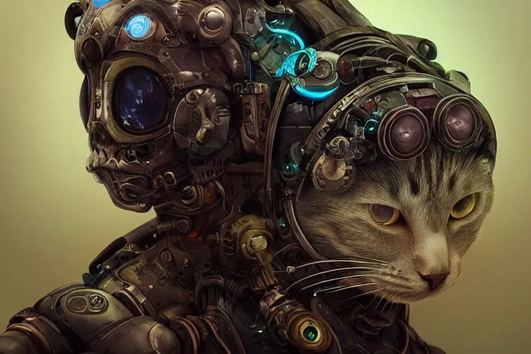 Image similar to “ a extremely detailed stunning portraits of solarpunk cyborg cat by allen william on artstation ”