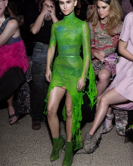 Image similar to nathalie portman at the new york fashion week, wearing an outfit made from nickelodeon slime, photo by greg rutkowski, soft lighting, female beauty, intricate detail, elegance, sharp shapes, masterpiece