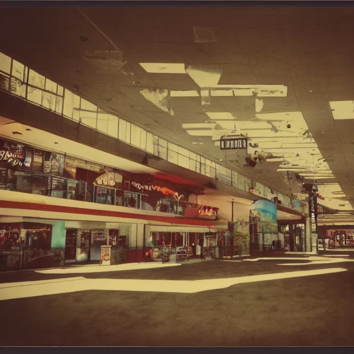 Prompt: unsettling polaroid of a retro mall, deep depth of field. highly detailed, hyper realism, hd, 4 k