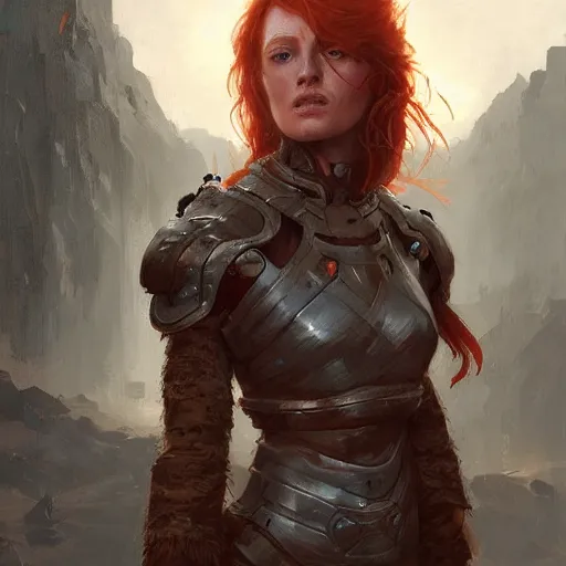 Prompt: a rustic woman wearing futuristic armor, detailed face, redhead, by greg rutkowski, mandy jurgens