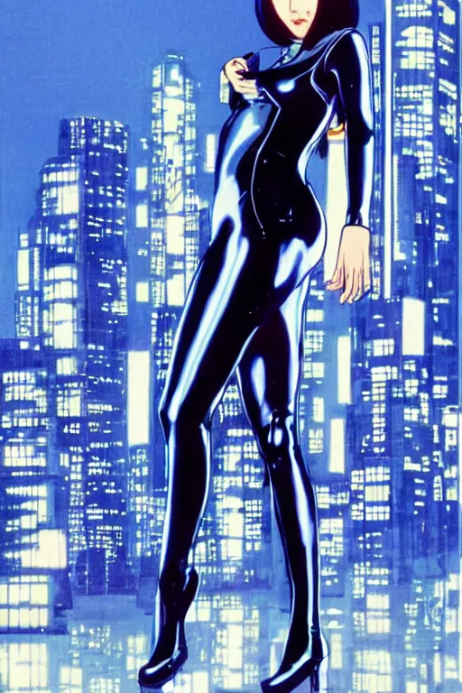 Image similar to cyberpunk japanese women with black eyes and pretty face wearing latex catsuit and lots of transparent and cellophane accessories, blue hour, crisp, painting by moebius and mayumi hosokura