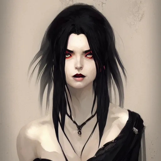 Image similar to female human vampire witch in the style of greg rutkowski, makoto shinkai, trending on artstation, character design, concept art, pretty face, highly detailed, long black hair, portrait, digital art