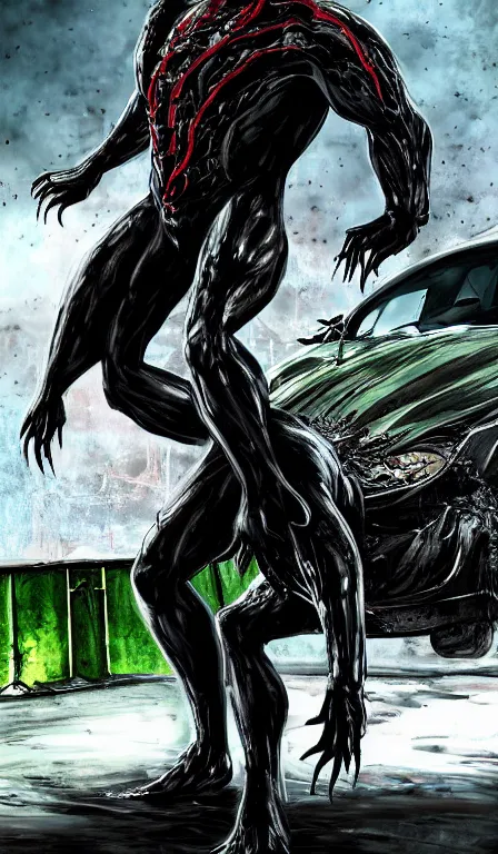 Prompt: Venom character standing on top of a destroyed car in an urban environment with his arms stretched wide, black slime, symbiote, sharp teeth, long tongue, green saliva, photorealistic by greghornart, DaveRapoza