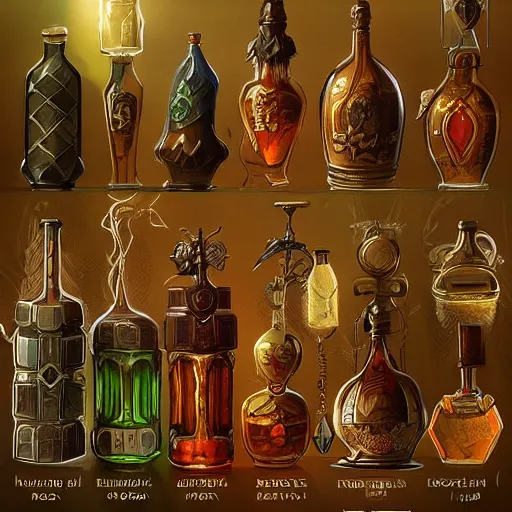 Image similar to concept art; video game potions; intricate elegant bottles; trending on artstation; rpg; octane