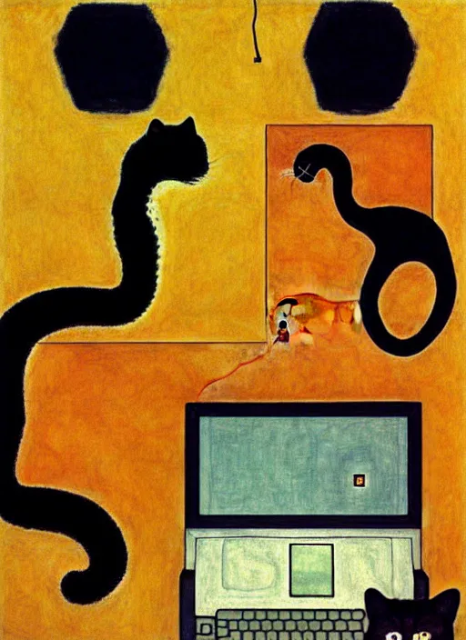 Image similar to creative python programmer with a computer and a cat in geometric harmony, by egon schiele and quint buchholz, portrait, colorful, escher++, detail