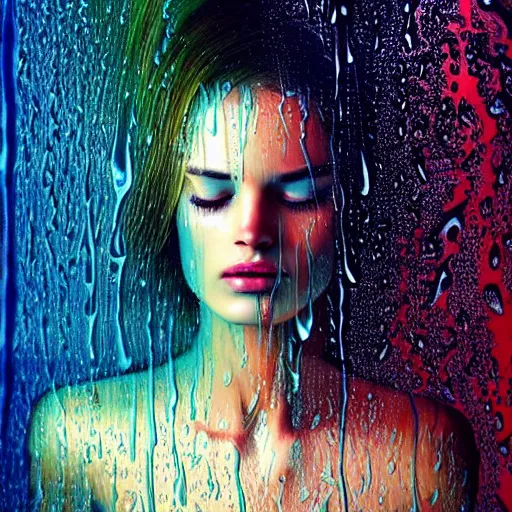 Image similar to dramatic asthetic portrait of revelation in uniquely colored rain with wet hair and face, liquid, joy, bliss, ecstasy, fantasy, intricate, elegant, dramatic lighting, highly detailed, lifelike, photorealistic, digital painting, artstation, concept art, smooth, sharp focus, art by John Collier and Albert Aublet and Krenz Cushart and Artem Demura and Alphonse Mucha