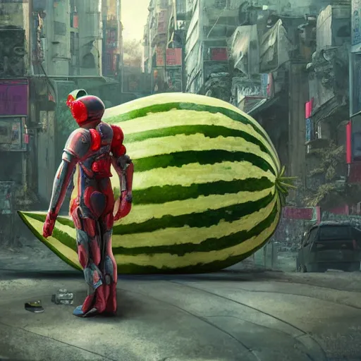 Image similar to Concept Digital Art Highly detailed giant Watermelon warlord protecting Ukrainian city by Stephen Hickman and Beeple. Very highly detailed 8K,Pentax 67, Kodak Portra 400 in style of Hiromasa Ogura Ghost in the Shell, the golden ratio, rational painting