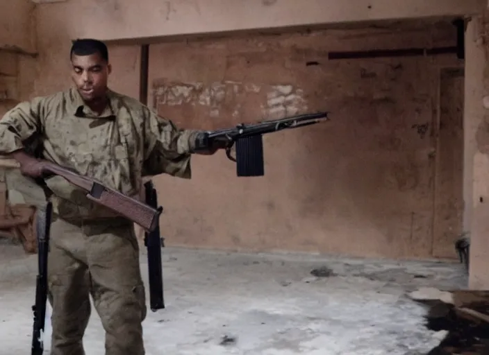 Prompt: a film still of kim kardashian as a soldier firing a rifle, open neckline, backround : abandoned school interior