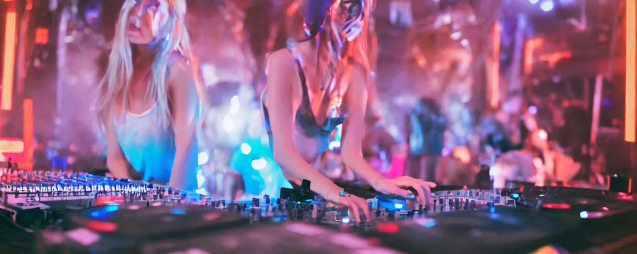 Prompt: A young, blonde-haired woman with soft facial features and blue eyes, 35mm photograph, neon lights in the background, DJing at coachella