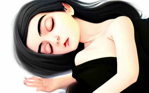 Prompt: little girl with an long black hair dressed in a simple white dress sleeping, anime art style, digital art ilya kuvshinov, inspired by balthus, hd, 4 k, hyper detailed, top view