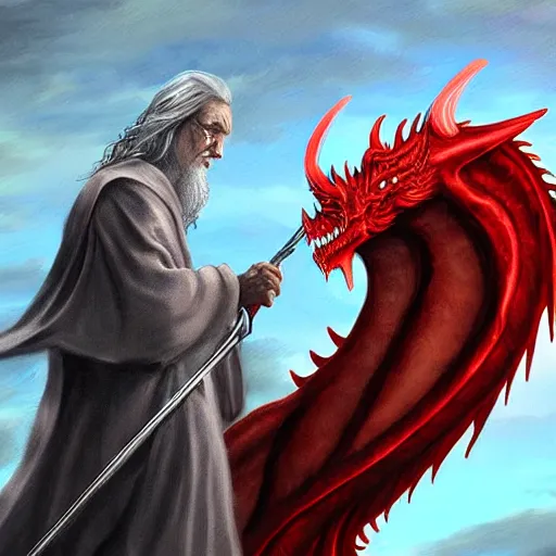 Prompt: gandalf riding a huge red dragon, highly detailed, digital art