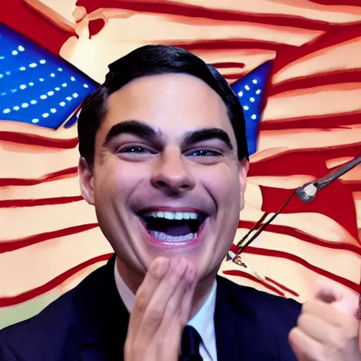 Image similar to Ben Shapiro laughing as the world burns