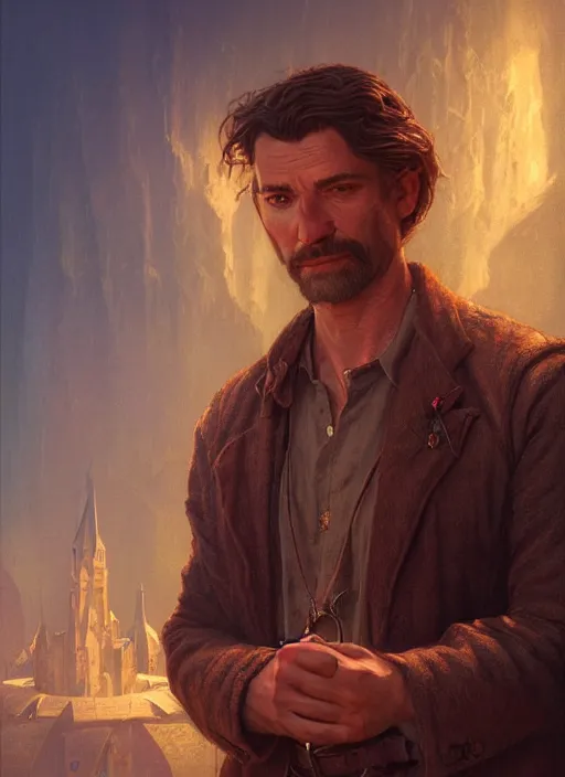 Prompt: Highly detailed portrait of Gabriel Knight, from Sierra adventure game, fantasy art by Greg Rutkowski, Stanley Artgerm, Tom Bagshaw, global illumination, radiant light, detailed and intricate environment