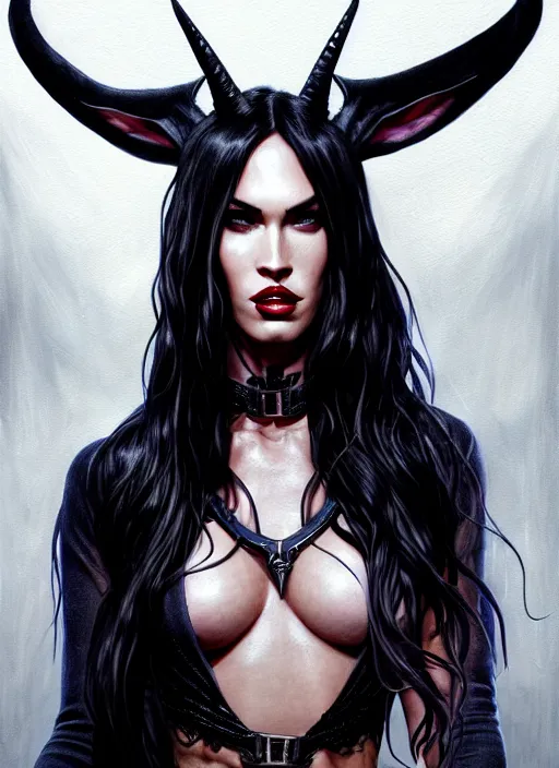 Prompt: portrait of megan fox as a evil demon with hornes, collar and leash, batwings, hell, jewelry, greek, dark, intricate, headshot, key visual, conceptart, ambient lighting, highly detailed, digital painting, artstation, concept art, sharp focus, by makoto shinkai and akihiko yoshida and greg manchess