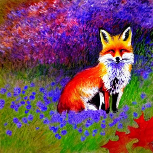 Image similar to fox in the garden, vivid watercolor, in the style of claude monet, beautiful face, fall leaves multiple colours, award winning, hd, 4 k, purple, blue