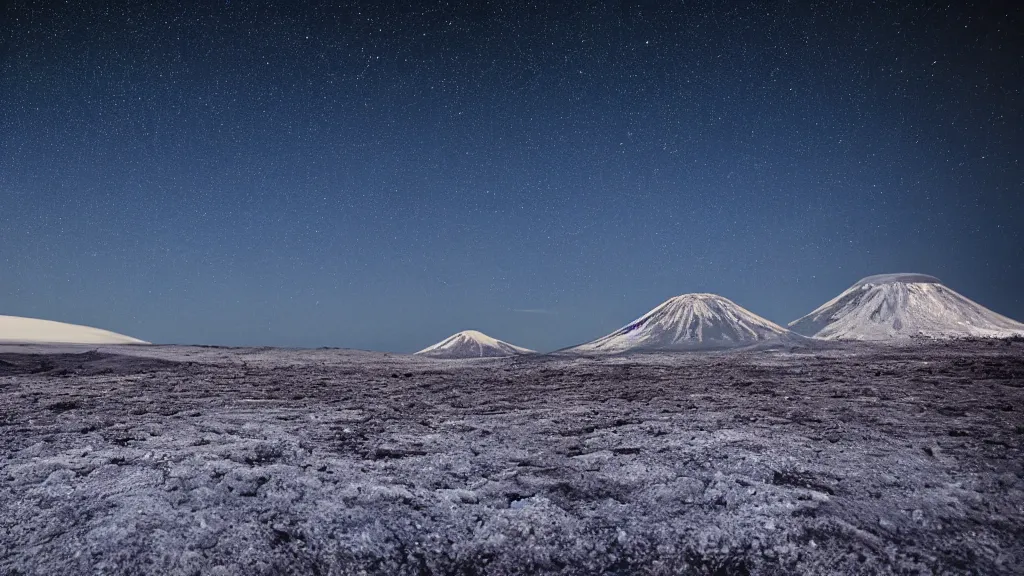 Prompt: A cold icy landscape under a clear starry sky. A volcano is erupting far away in the background. Lush green moon is seen in the sky. Wide angle.