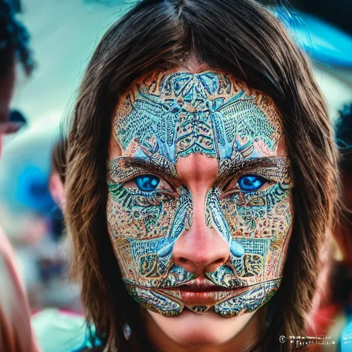 Prompt: the face of a calm person at a festival who has glimpsed the fourth dimension, intricately detailed, beautiful face, detailed eyes, award winning, 8 k