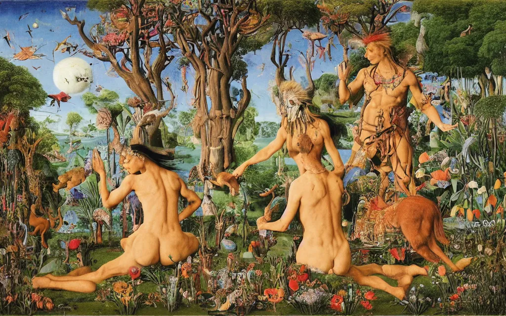 Image similar to photograph of a meditating centaur shaman and a striped catgirl feeding animals. surrounded by bulbous flowers, animals and a few trees. river delta with rock cliffs under a blue sky full of burning stars. painted by jan van eyck, max ernst, ernst haeckel, ernst fuchs and artgerm. trending on artstation, trending on cgsociety