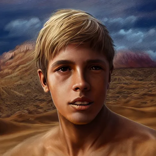 Image similar to a detailed portrait of a tan boy in the desert, fantasy art illustration, incredibly highly detailed and realistic, 8 k, sharp focus