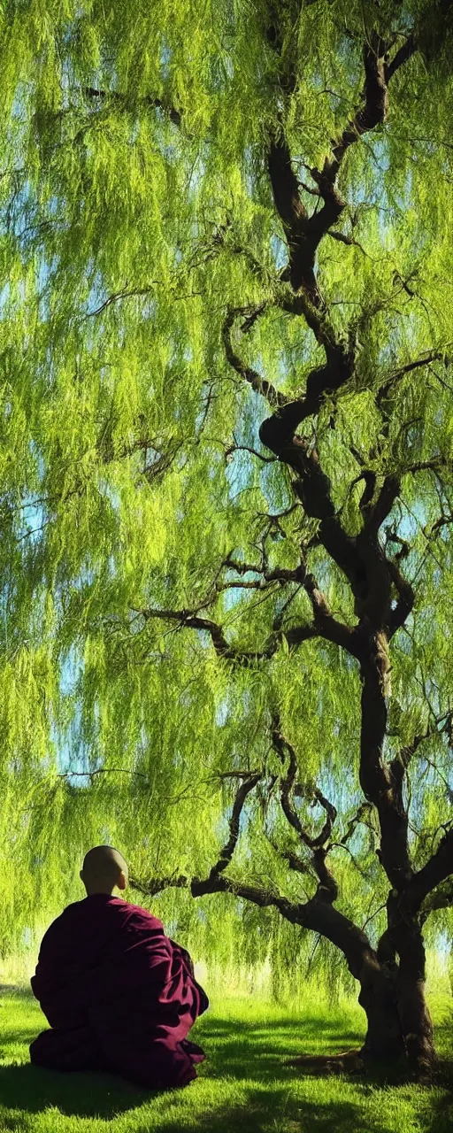Image similar to “buddhist monk meditating under a willow tree with a baby panda cell shaded genshin impact breath of the wild cinematic shot”