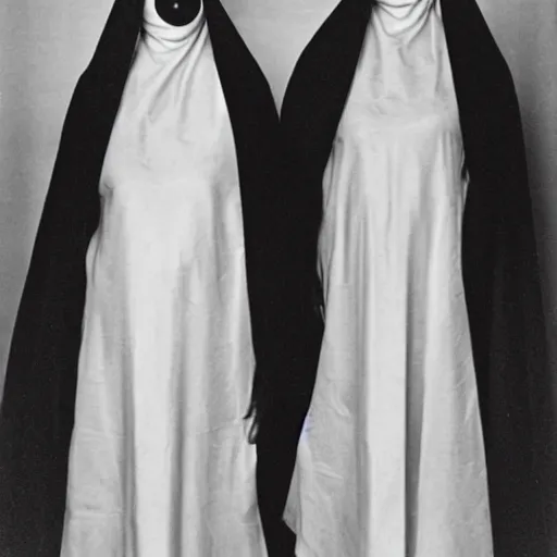 Prompt: phot of 1960’s award winning photo, two Floating twin nuns wearing hoods, buxom chested, blindfolded wearing translucent veils see through dress, Very long arms, bedroom, wood door, eerie, frightening, highly detailed, photorealistic, colorized —width 1024 —height 1024