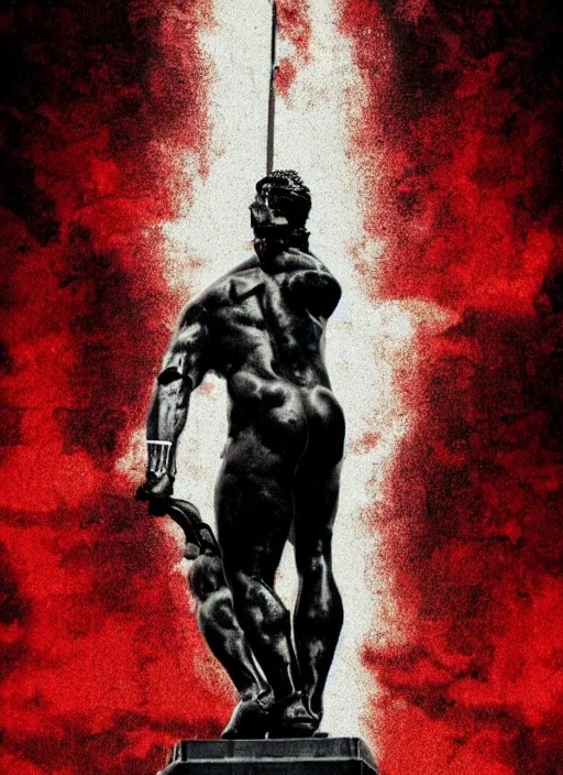 Image similar to black background, statue of hercules, thin red lines, dark, thin lines, neo vaporwave, poster art, trending on artstation