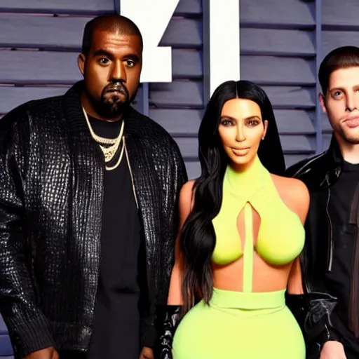 Prompt: kim kardashian standing in the middle of kanye west and pete davidson