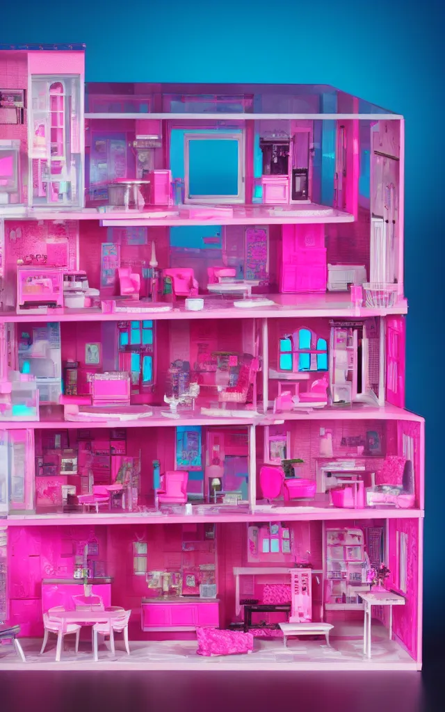 Image similar to a cute pink cyberpunk doll house, barbie house by mattel, octane rendered, led lighting, 4 k