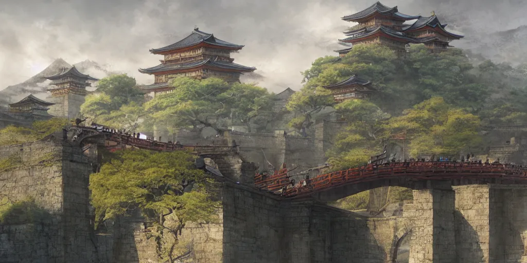 Prompt: japan middle age, giant fortress with cannons guarded by samurais, is built on a strong old wooden bridge, giant goddess with swords, morning, matte painting, concept art, james gurney, greg rutkowski, unreal engine, artstation, john howe