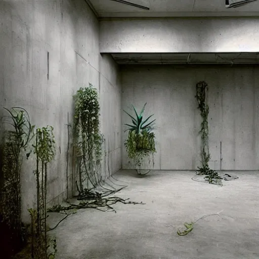 Image similar to an abandoned modern art deco room in a concrete building, few plants, dreamy, overcast, by hans bellmer